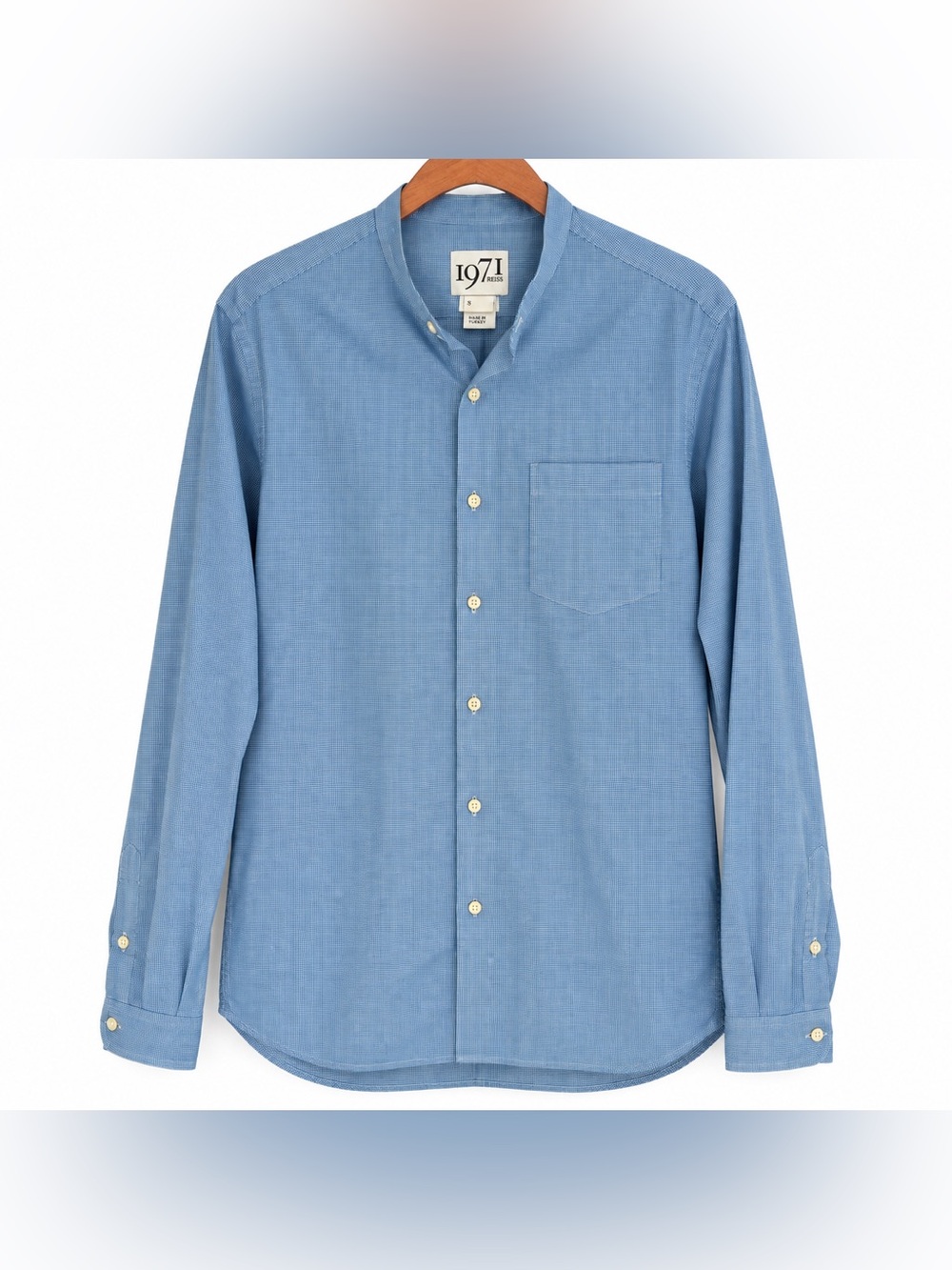 REISS 1971 OBRIAN Men’s S Blue Micro Check Cotton Button Down Shirt Quiet Luxury